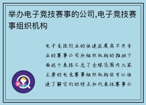 举办电子竞技赛事的公司,电子竞技赛事组织机构